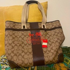 Coach Canvas Tote with Red Orange Logo